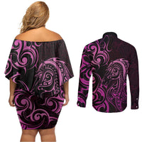 Pink Aoteara Horse Racing Couples Matching Off Shoulder Short Dress and Long Sleeve Button Shirt NZ Maori Pattern