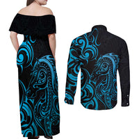 Blue Aoteara Horse Racing Couples Matching Off Shoulder Maxi Dress and Long Sleeve Button Shirt NZ Maori Pattern
