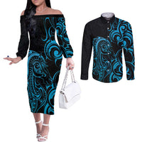 Blue Aoteara Horse Racing Couples Matching Off The Shoulder Long Sleeve Dress and Long Sleeve Button Shirt NZ Maori Pattern