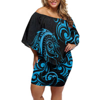 Blue Aoteara Horse Racing Off Shoulder Short Dress NZ Maori Pattern