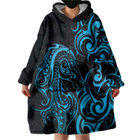 Blue Aoteara Horse Racing Wearable Blanket Hoodie NZ Maori Pattern