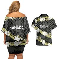 Born And Raised Aloha Hawaii Couples Matching Off Shoulder Short Dress and Hawaiian Shirt Kanaka Kakau Hawaiian Tiare Pakalana Lei LT14 - Polynesian Pride
