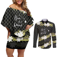 Born And Raised Aloha Hawaii Couples Matching Off Shoulder Short Dress and Long Sleeve Button Shirt Kanaka Kakau Hawaiian Tiare Pakalana Lei LT14 Black - Polynesian Pride