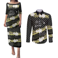 Born And Raised Aloha Hawaii Couples Matching Puletasi and Long Sleeve Button Shirt Kanaka Kakau Hawaiian Tiare Pakalana Lei - Polynesian Pride