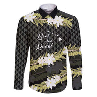Born And Raised Aloha Hawaii Family Matching Puletasi and Hawaiian Shirt Kanaka Kakau Hawaiian Tiare Pakalana Lei LT14 Dad's Shirt - Long Sleeve Black - Polynesian Pride