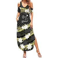 Born And Raised Aloha Hawaii Family Matching Summer Maxi Dress and Hawaiian Shirt Kanaka Kakau Hawaiian Tiare Pakalana Lei LT14 Mom's Dress Black - Polynesian Pride