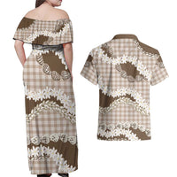 Brown Hawaii Tiare and Shell Lei Couples Matching Off Shoulder Maxi Dress and Hawaiian Shirt Hawaiian Palaka Luxury Vibes - Polynesian Pride