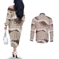 Brown Hawaii Tiare and Shell Lei Couples Matching Off The Shoulder Long Sleeve Dress and Long Sleeve Button Shirt Hawaiian Palaka Luxury Vibes LT14 - Polynesian Pride