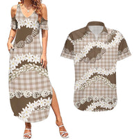 Brown Hawaii Tiare and Shell Lei Couples Matching Summer Maxi Dress and Hawaiian Shirt Hawaiian Palaka Luxury Vibes - Polynesian Pride