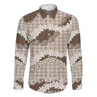 Brown Hawaii Tiare and Shell Lei Family Matching Long Sleeve Bodycon Dress and Hawaiian Shirt Hawaiian Palaka Luxury Vibes LT14 Dad's Shirt - Long Sleeve Brown - Polynesian Pride