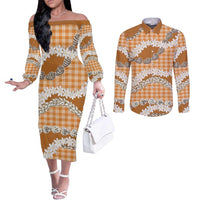 Orange Hawaii Tiare and Shell Lei Couples Matching Off The Shoulder Long Sleeve Dress and Long Sleeve Button Shirt Hawaiian Palaka Luxury Vibes LT14 Orange - Polynesian Pride