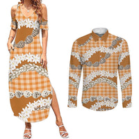 Orange Hawaii Tiare and Shell Lei Couples Matching Summer Maxi Dress and Long Sleeve Button Shirt Hawaiian Palaka Luxury Vibes - Polynesian Pride