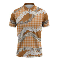 Orange Hawaii Tiare and Shell Lei Zipper Polo Shirt Hawaiian Palaka Luxury Vibes - Polynesian Pride