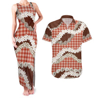 Red Hawaii Tiare and Shell Lei Couples Matching Tank Maxi Dress and Hawaiian Shirt Hawaiian Palaka Luxury Vibes - Polynesian Pride