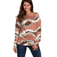 Red Hawaii Tiare and Shell Lei Off Shoulder Sweater Hawaiian Palaka Luxury Vibes - Polynesian Pride