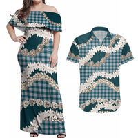 Dark Cyan Hawaii Tiare and Shell Lei Couples Matching Off Shoulder Maxi Dress and Hawaiian Shirt Hawaiian Palaka Luxury Vibes LT14 Dark Cyan - Polynesian Pride
