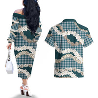Dark Cyan Hawaii Tiare and Shell Lei Couples Matching Off The Shoulder Long Sleeve Dress and Hawaiian Shirt Hawaiian Palaka Luxury Vibes LT14 - Polynesian Pride