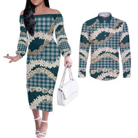 Dark Cyan Hawaii Tiare and Shell Lei Couples Matching Off The Shoulder Long Sleeve Dress and Long Sleeve Button Shirt Hawaiian Palaka Luxury Vibes LT14 Dark Cyan - Polynesian Pride