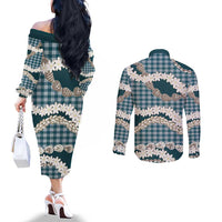 Dark Cyan Hawaii Tiare and Shell Lei Couples Matching Off The Shoulder Long Sleeve Dress and Long Sleeve Button Shirt Hawaiian Palaka Luxury Vibes LT14 - Polynesian Pride