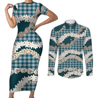 Dark Cyan Hawaii Tiare and Shell Lei Couples Matching Short Sleeve Bodycon Dress and Long Sleeve Button Shirt Hawaiian Palaka Luxury Vibes LT14 Dark Cyan - Polynesian Pride