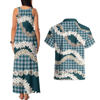Dark Cyan Hawaii Tiare and Shell Lei Couples Matching Tank Maxi Dress and Hawaiian Shirt Hawaiian Palaka Luxury Vibes LT14 - Polynesian Pride