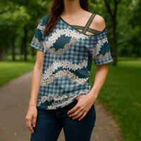 Dark Cyan Hawaii Tiare and Shell Lei Cross Shoulder Shirt Hawaiian Palaka Luxury Vibes - Polynesian Pride