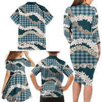 Dark Cyan Hawaii Tiare and Shell Lei Family Matching Long Sleeve Bodycon Dress and Hawaiian Shirt Hawaiian Palaka Luxury Vibes LT14 - Polynesian Pride