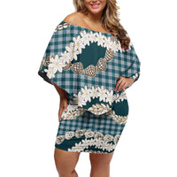 Dark Cyan Hawaii Tiare and Shell Lei Family Matching Off Shoulder Short Dress and Hawaiian Shirt Hawaiian Palaka Luxury Vibes LT14 Mom's Dress Dark Cyan - Polynesian Pride