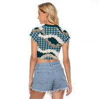 Dark Cyan Hawaii Tiare and Shell Lei Raglan Cropped T Shirt Hawaiian Palaka Luxury Vibes - Polynesian Pride