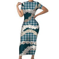 Dark Cyan Hawaii Tiare and Shell Lei Short Sleeve Bodycon Dress Hawaiian Palaka Luxury Vibes - Polynesian Pride