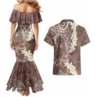 Mocha Mousse Polynesian Tribal Frangipani Tropical Vibe Couples Matching Mermaid Dress and Hawaiian Shirt