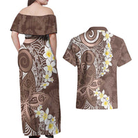 Mocha Mousse Polynesian Tribal Frangipani Tropical Vibe Couples Matching Off Shoulder Maxi Dress and Hawaiian Shirt