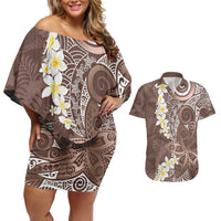 Mocha Mousse Polynesian Tribal Frangipani Tropical Vibe Couples Matching Off Shoulder Short Dress and Hawaiian Shirt