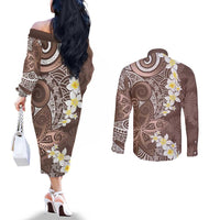 Mocha Mousse Polynesian Tribal Frangipani Tropical Vibe Couples Matching Off The Shoulder Long Sleeve Dress and Long Sleeve Button Shirt