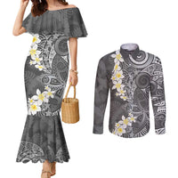 Gray Polynesian Tribal Frangipani Tropical Vibe Couples Matching Mermaid Dress and Long Sleeve Button Shirt