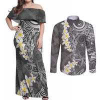 Gray Polynesian Tribal Frangipani Tropical Vibe Couples Matching Off Shoulder Maxi Dress and Long Sleeve Button Shirt