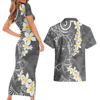 Gray Polynesian Tribal Frangipani Tropical Vibe Couples Matching Short Sleeve Bodycon Dress and Hawaiian Shirt