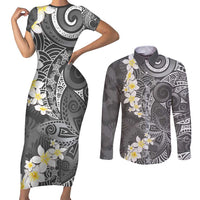 Gray Polynesian Tribal Frangipani Tropical Vibe Couples Matching Short Sleeve Bodycon Dress and Long Sleeve Button Shirt