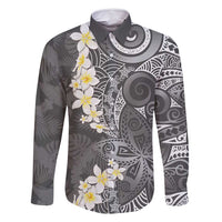 Gray Polynesian Tribal Frangipani Tropical Vibe Family Matching Long Sleeve Bodycon Dress and Hawaiian Shirt