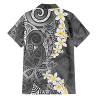 Gray Polynesian Tribal Frangipani Tropical Vibe Family Matching Off The Shoulder Long Sleeve Dress and Hawaiian Shirt