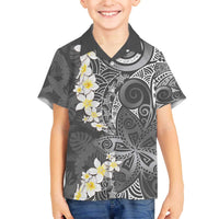Gray Polynesian Tribal Frangipani Tropical Vibe Family Matching Off The Shoulder Long Sleeve Dress and Hawaiian Shirt