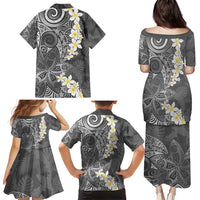 Gray Polynesian Tribal Frangipani Tropical Vibe Family Matching Puletasi and Hawaiian Shirt