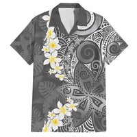 Gray Polynesian Tribal Frangipani Tropical Vibe Family Matching Puletasi and Hawaiian Shirt