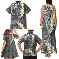 Gray Polynesian Tribal Frangipani Tropical Vibe Family Matching Tank Maxi Dress and Hawaiian Shirt
