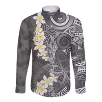 Gray Polynesian Tribal Frangipani Tropical Vibe Long Sleeve Button Shirt