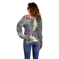 Gray Polynesian Tribal Frangipani Tropical Vibe Off Shoulder Sweater