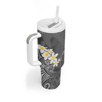 Gray Polynesian Tribal Frangipani Tropical Vibe Tumbler With Handle