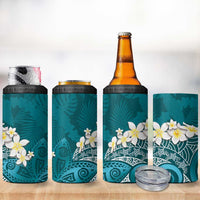 Cyan Polynesian Tribal Frangipani Tropical Vibe 4 in 1 Can Cooler Tumbler