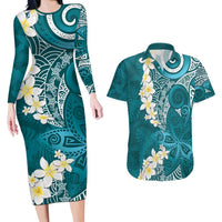 Cyan Polynesian Tribal Frangipani Tropical Vibe Couples Matching Long Sleeve Bodycon Dress and Hawaiian Shirt