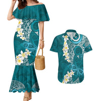 Cyan Polynesian Tribal Frangipani Tropical Vibe Couples Matching Mermaid Dress and Hawaiian Shirt